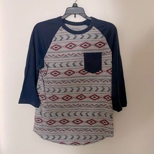 Quarter sleeve Aztec Print Hawk brand Baseball Tee Shirt